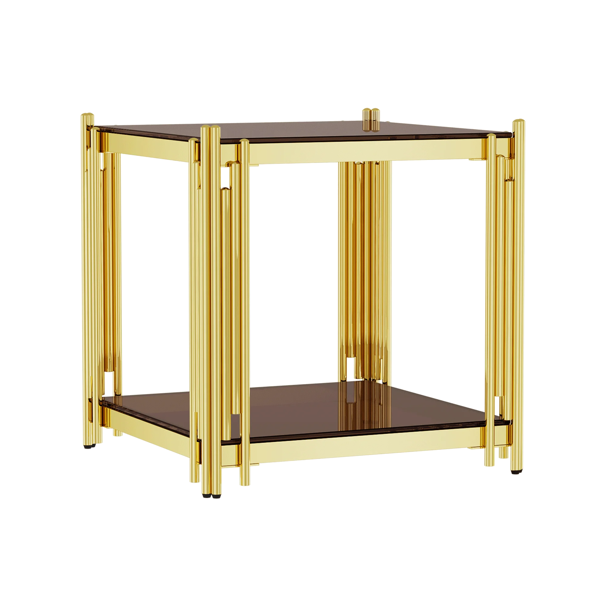 Modern luxury golden living room coffee table, stainless steel leg square 8mm thick brown tempered glass sofa side table