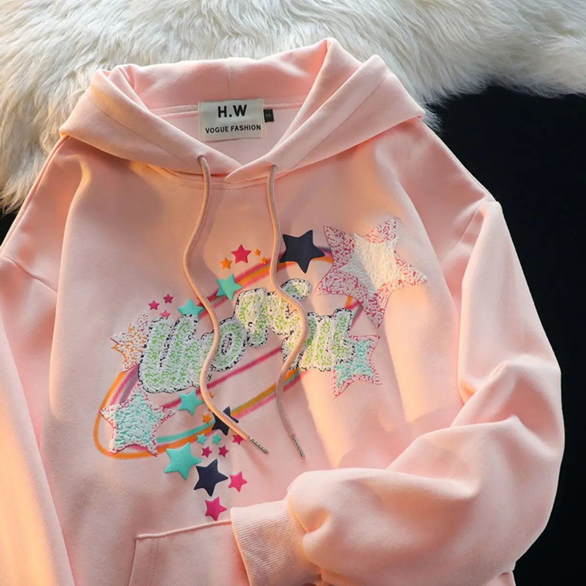 450g Thick Cotton Hoodie Women Retro Star Print Oversize Korean Casual Sweatshirt