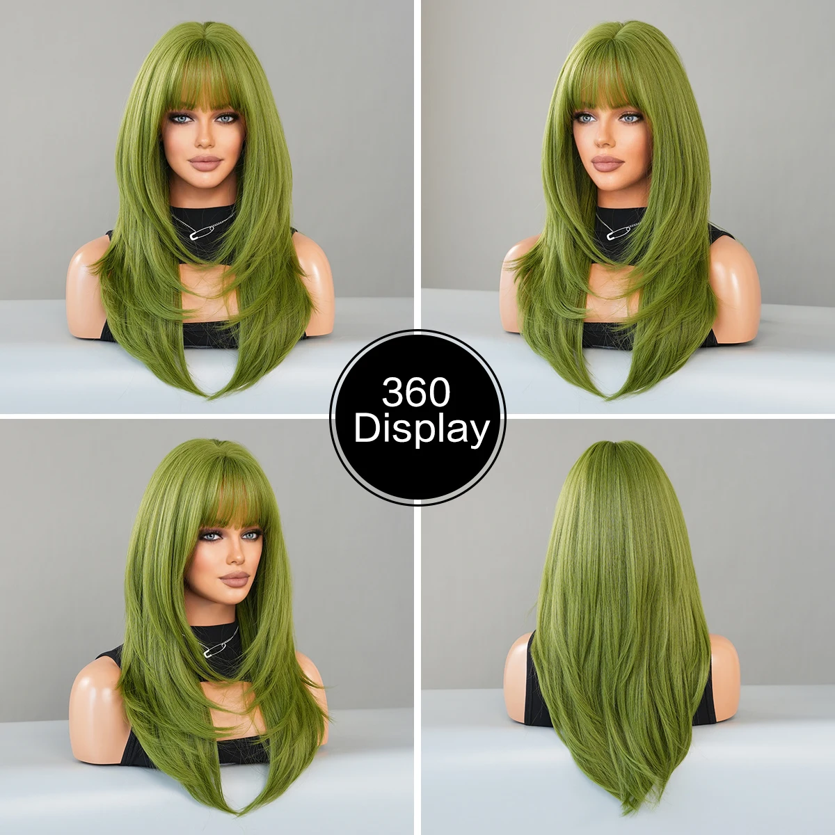 PARK YUN-Perruque verte longue droite pour femme, cheveux synthétiques naturels en couches avec frange de rideau, perruques de cosplay vanille