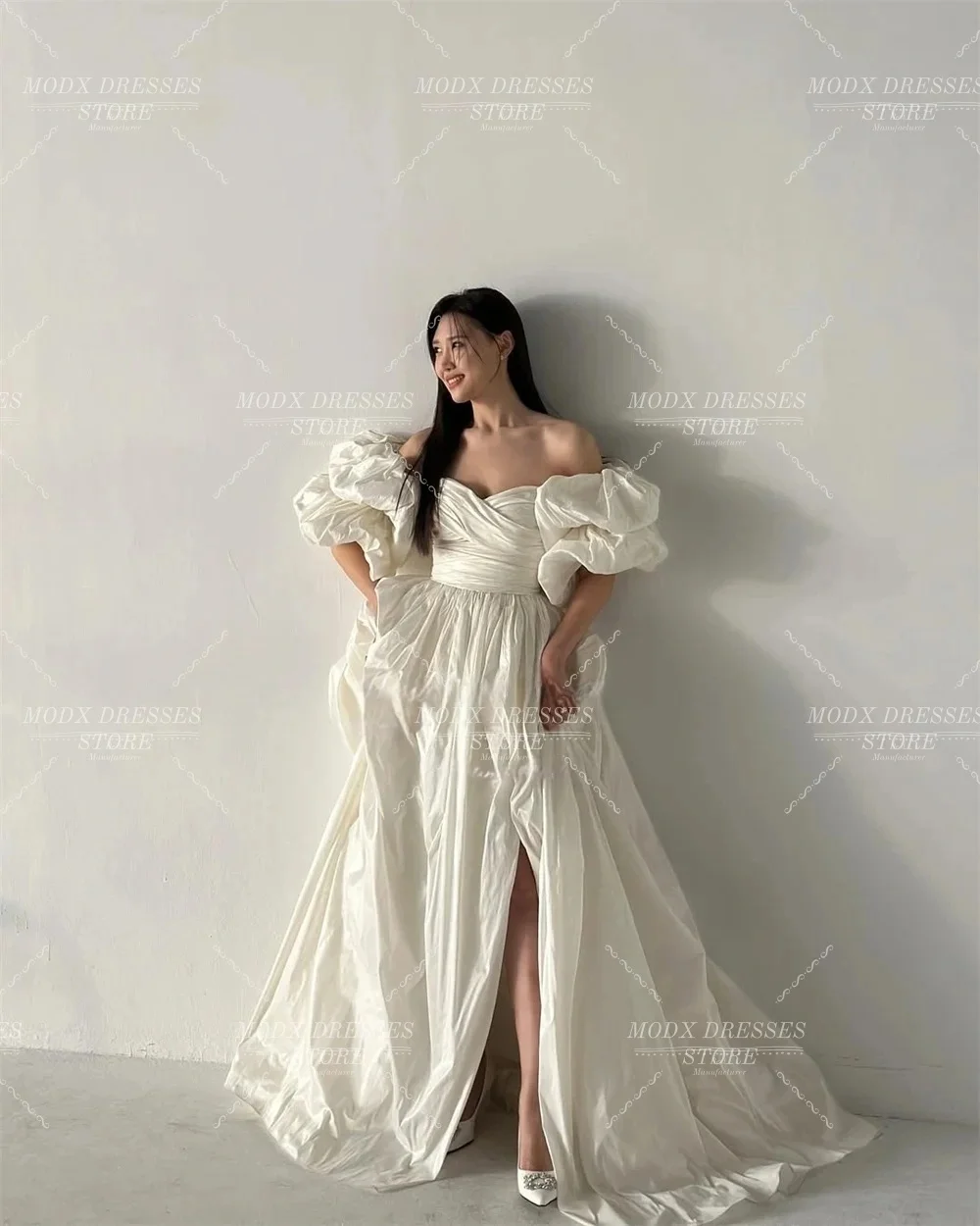 MODX 우아한 하이 슬릿 태피터 A라인 한국 웨딩드레스 오프숄더 신부 드레스 사진 촬영용 맞춤형 베스티도스 노비아스 B