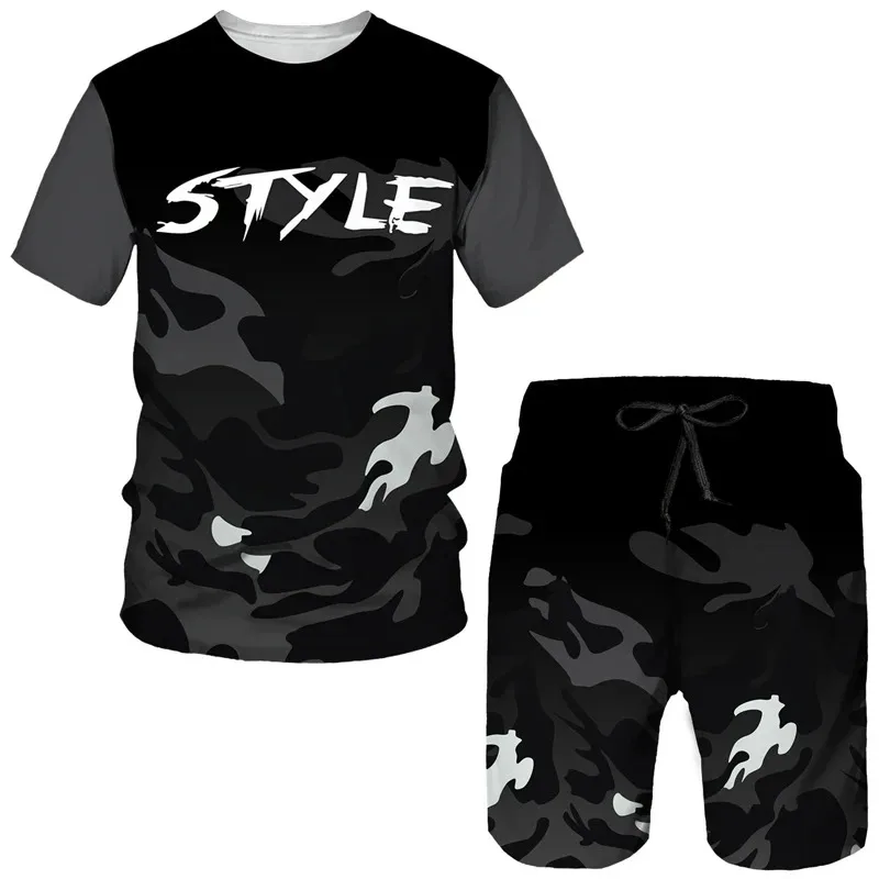 2025 3D Camouflage Printed Casual Round Neck Sports Suit Summer Men's Short Sleeved Shorts Clothing Street T-shirt Two-piece Set
