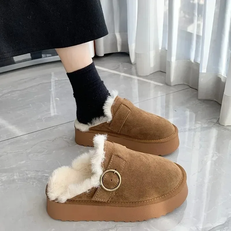 Shoes Female 2024 Hot Sale Closed Toe Women\'s Slippers Winter Warm Slippers Women Platform Round Toe Buckle Flat Ladies Shoes