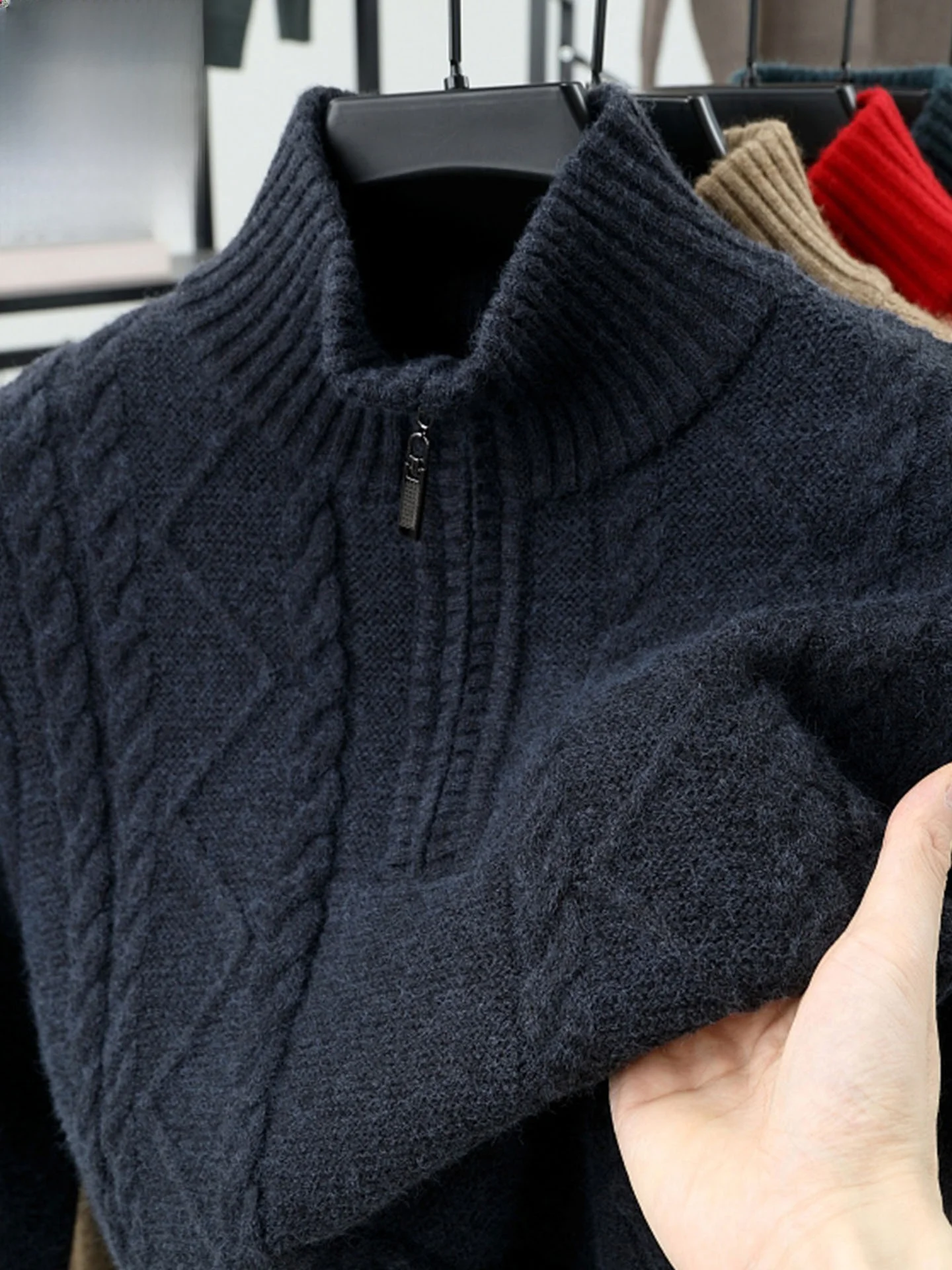 

Мужской теплый зимний вязаный шерстяной свитер с воротником на молнии из чистого кашемира, повседневный деловой стиль
