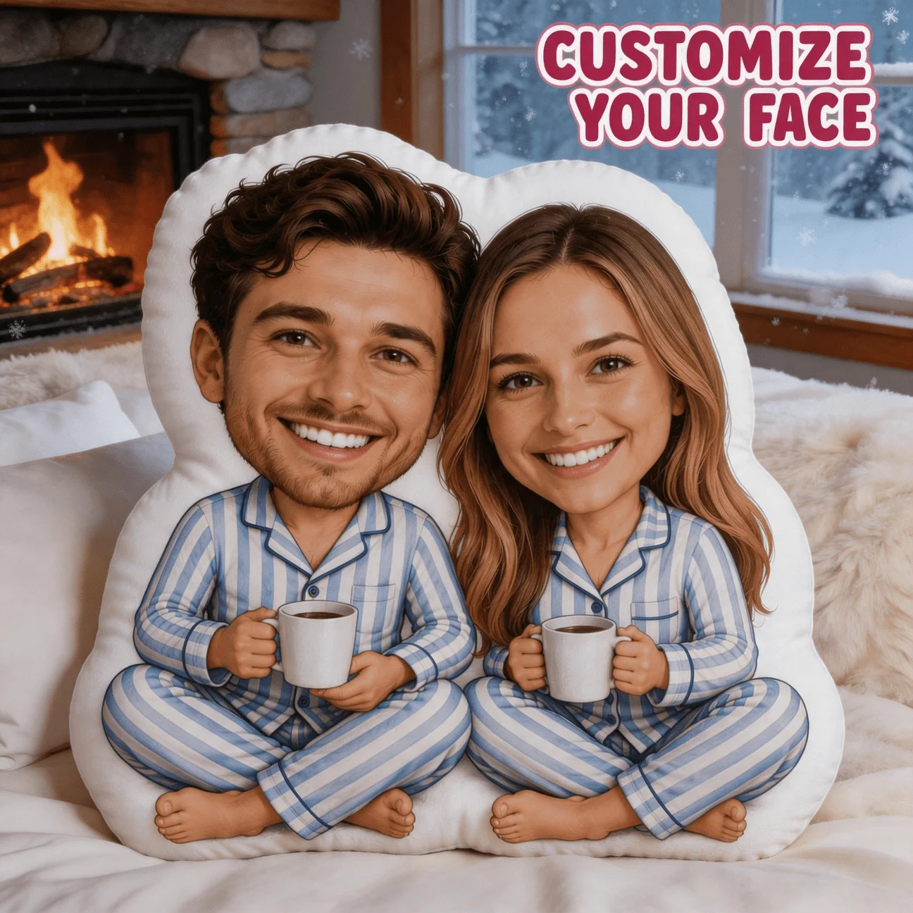 Custom Couple Photo Shaped Pillow, Personalized Face Decorative Cushion with Blue Striped Pajama Design, 70cm Large Size Accent