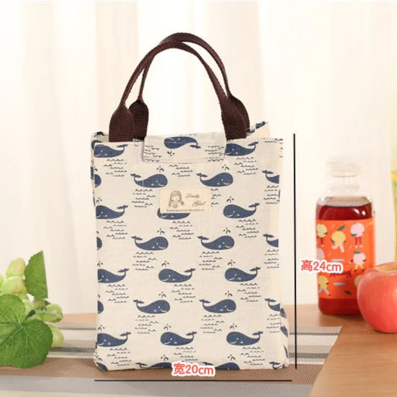 Bolsas térmicas de algodón y lino para niños, bolsa térmica con aislamiento de ballena, oso Polar, flor, Enfriador de alimentos frescos para pícnic, estudiantes