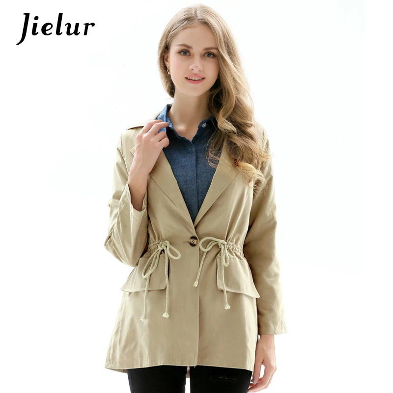 

Autumn Fashion Kahaki Women's Trench Coat Ladies Drawstring Waist Casual Windbreaker M-2XL Size Pockets Coat Female