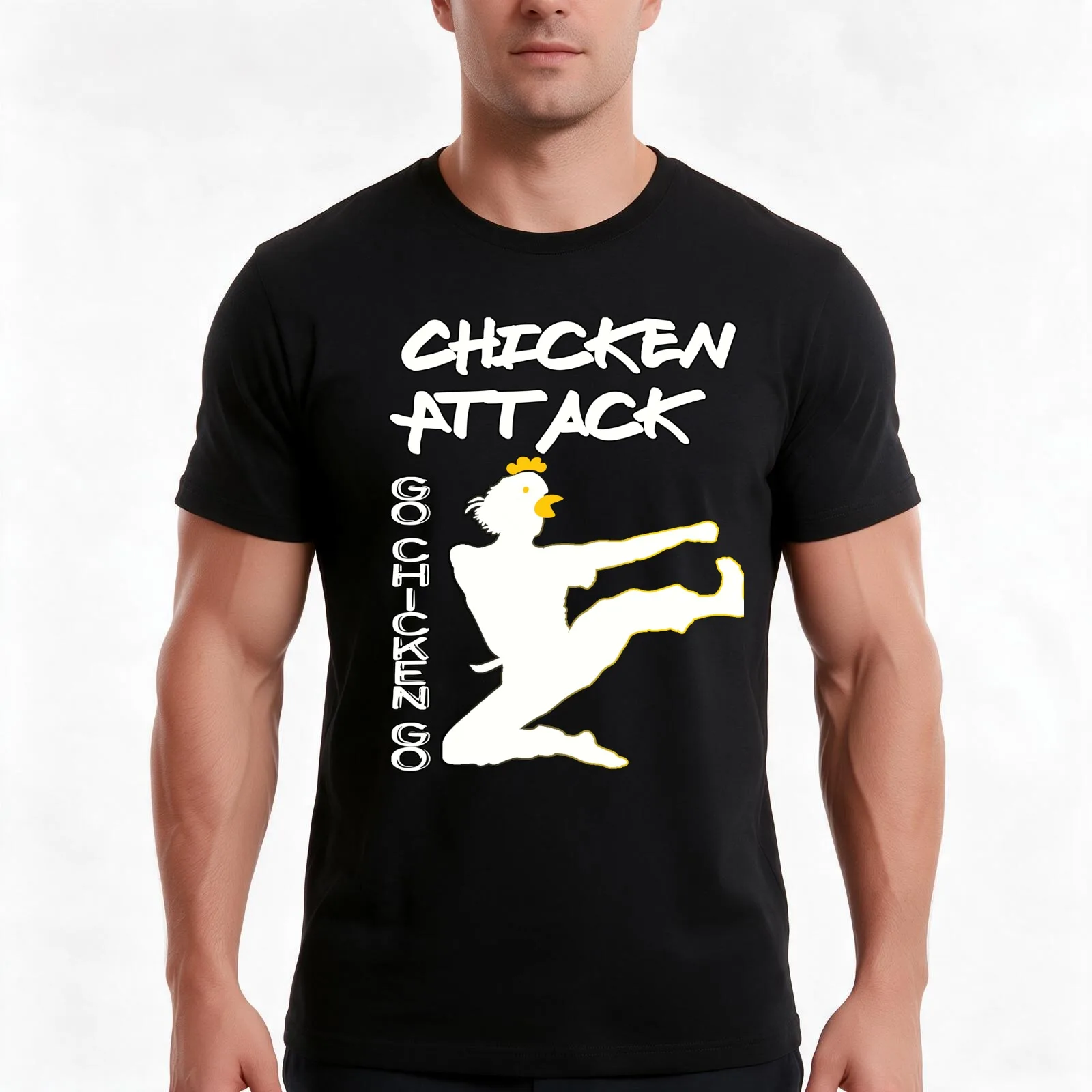Chicken Attack Go Chicken Go White Ninja Meme T-Shirt, Summer Casual Cotton Tee, Oversized Streetwear Tops, Unisex Men Women