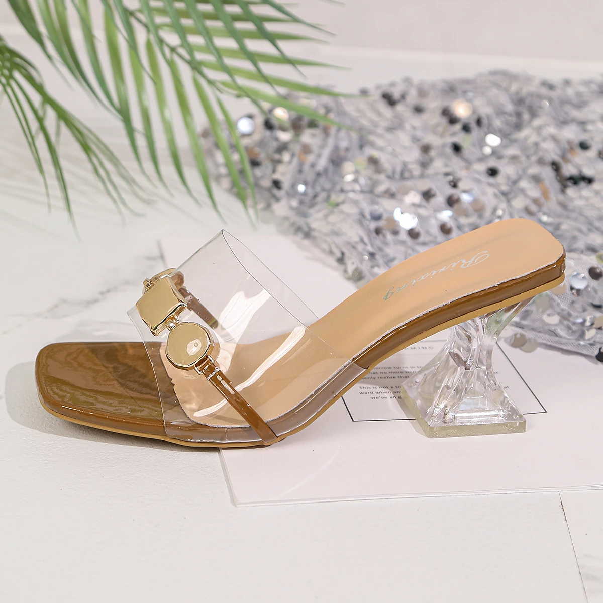 Women\'s Slippers Summer New High Heels Square Head Open Toe Simple Sandals Casual Fashion Temperament Crystal Slippers