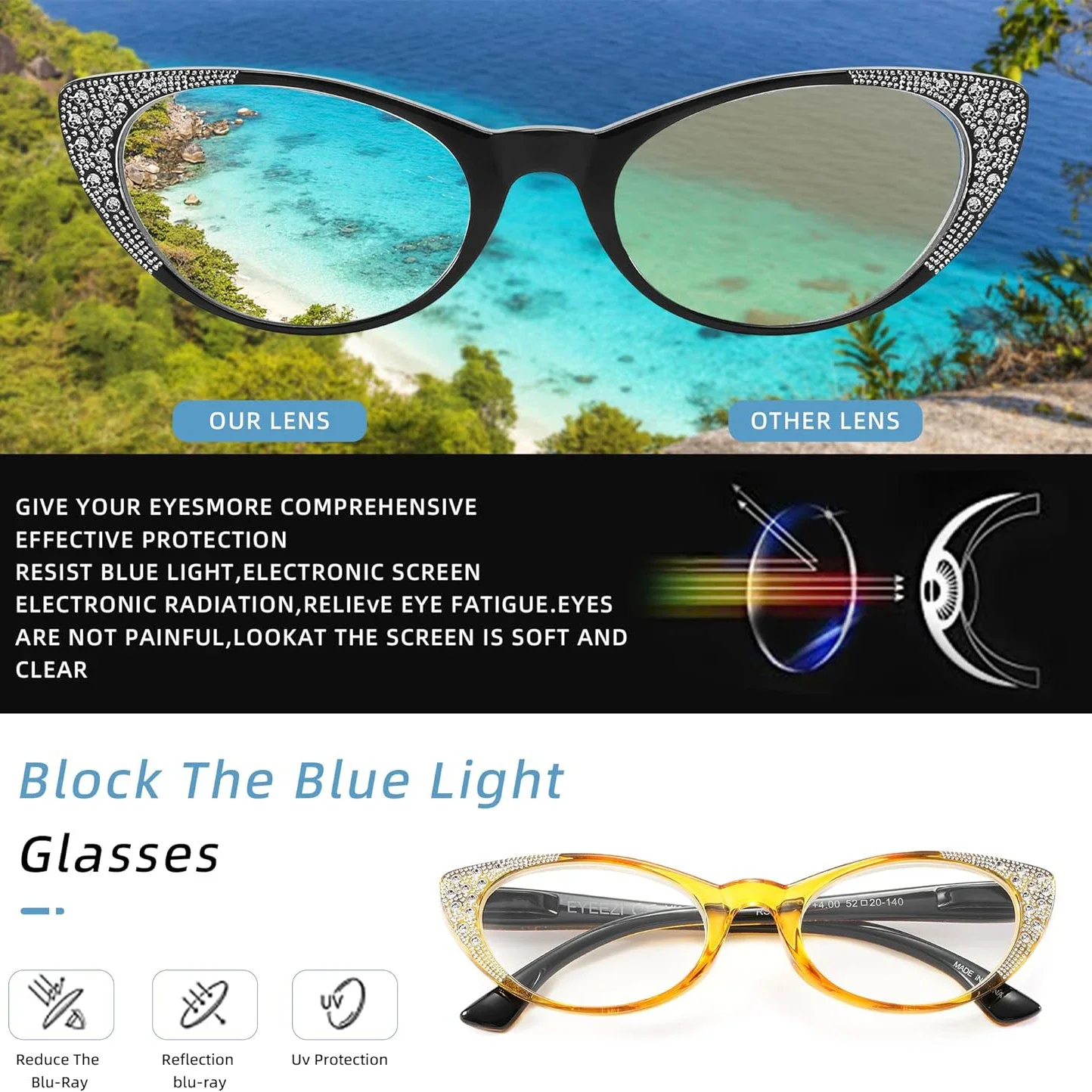 NONOR Women\'s Retro Multicolor Diamond Cat Eye Reading Glasses Anti-blue Light Diopter+175 +225 +275 Stylish Eyewear