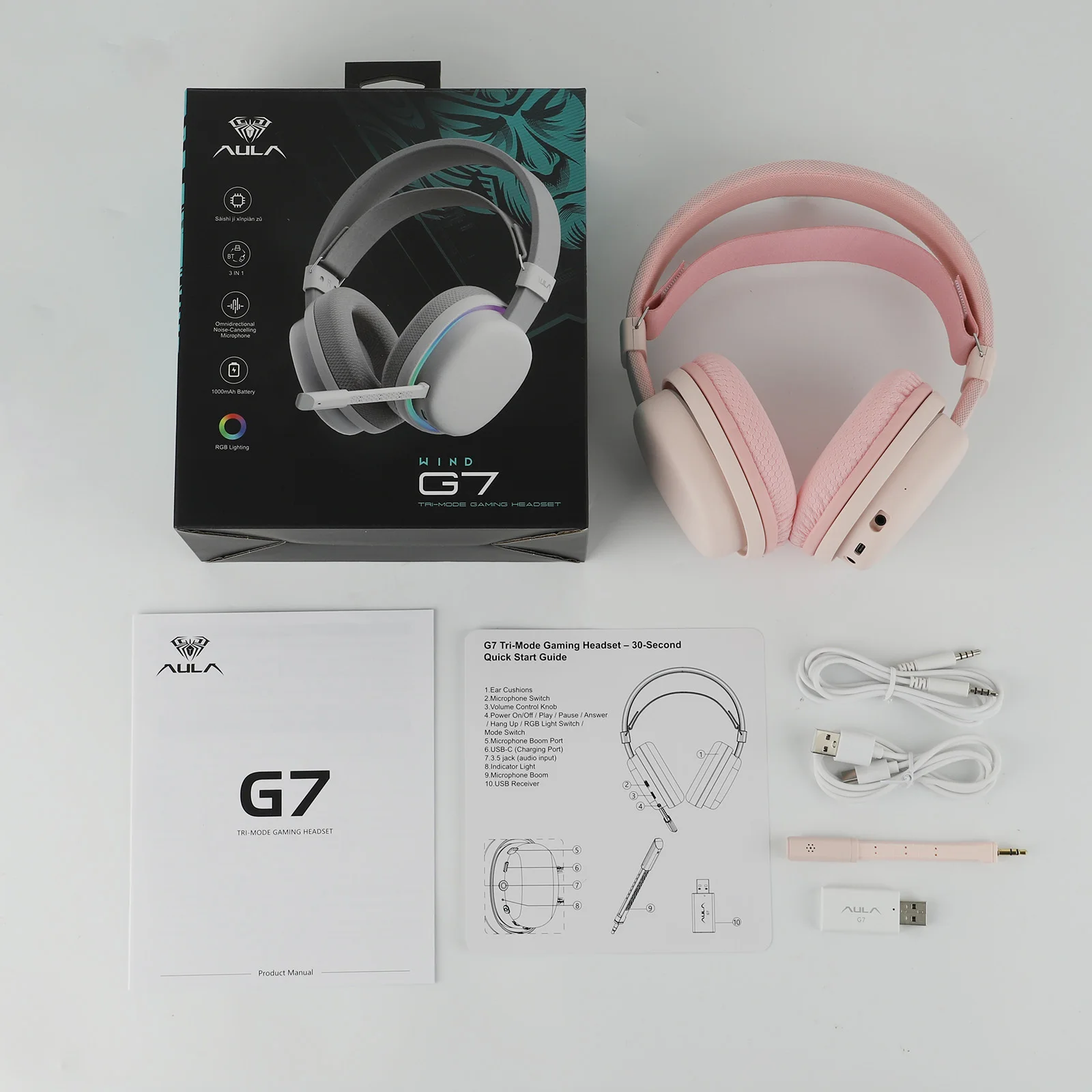 AULA G7 Kabelloser Gaming-Kopfhörer mit Kabel/BT/2,4 GHz und abnehmbarem Mikrofon mit Geräuschunterdrückung, RGB-Beleuchtung für PS4/PS5/PC/Switch – Detail 16