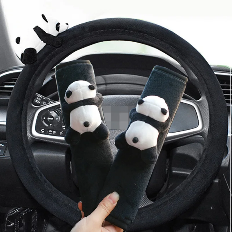 Cute Cartoon Panda Doll Ice Silk Universal Car Steering Wheel Covers Sets Auto Interior Accessories Seat Headrest Neck Pillow