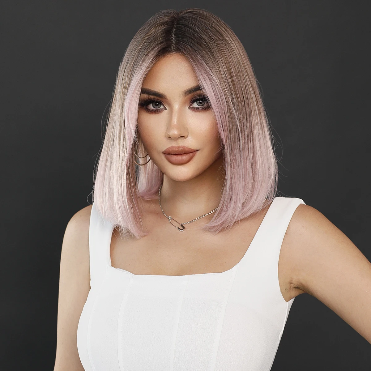 Perruque Synthétique Courte et Lisse avec Racines Foncées, Lace Front Wig Transparente HD, Lace T Part, Bob, Rose, Brun, Haute Densité