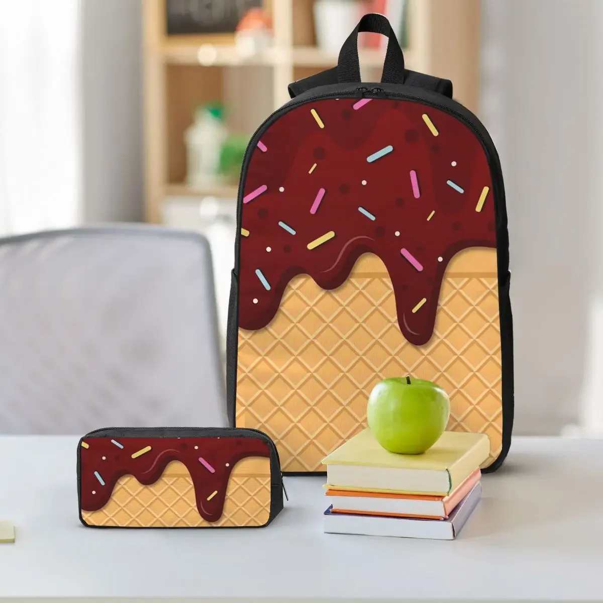 Ice Cream Waffle With Chocolate Backpack Boys Girls BookBag School Bag Laptop Shoulder Bags 3ps Insulated Lunch Bag Pencil Case