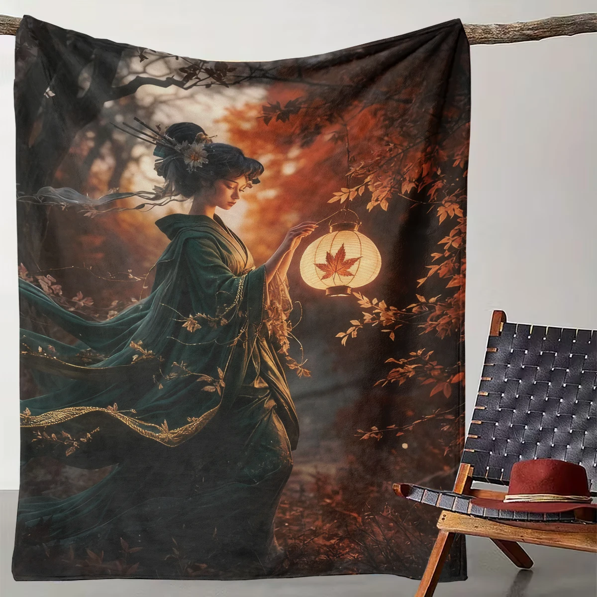 

1 Piece of Japanese Maple Leaf Lantern Kimono Girl Blanket and Vintage Home Decoration Blanket