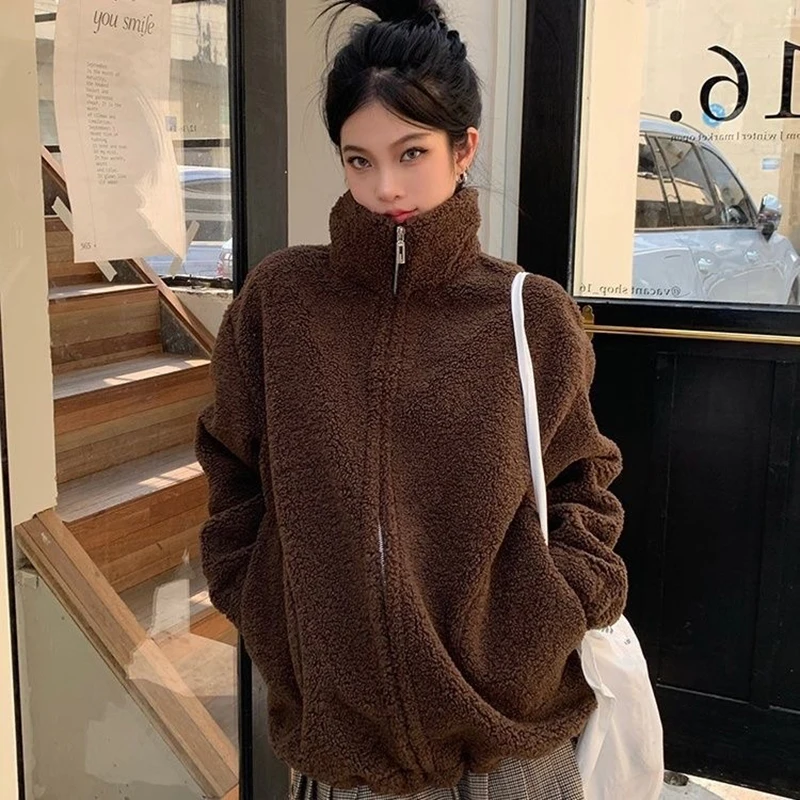 Gidyq Fashion Women Lamb Wool Jackets Korean Streetwear Thick Warm Parka Coats Winter Casual Female Zipper Loose Outwear New