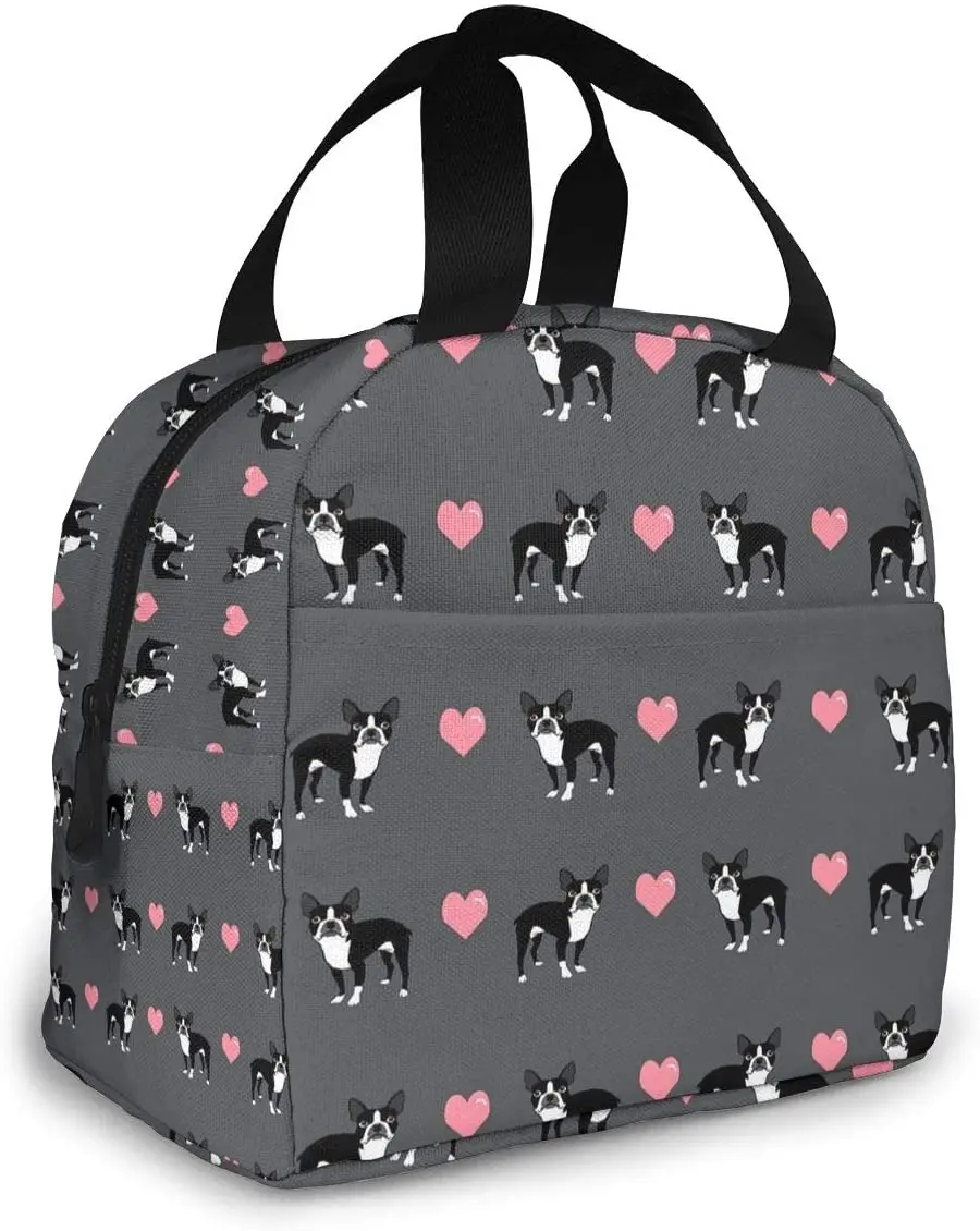 Grey Boston Terrier Insulated Lunch Bag Portable Thermal Cooler Box Reusable Picnic Tote Bento Bag for Men Women Kids Work