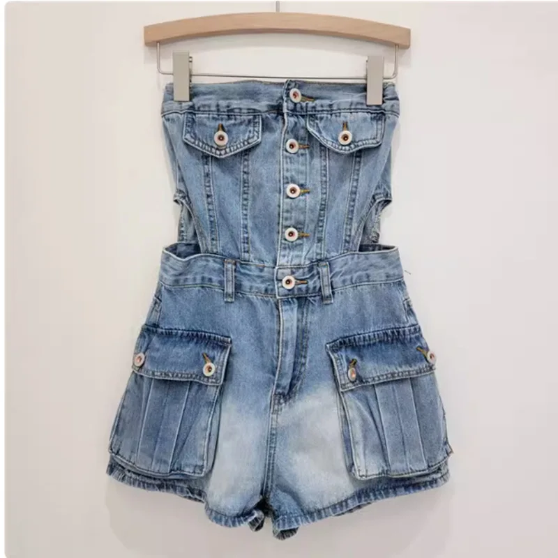 

Euro-inspired denim romper. Statement buttons & utility A-line cut. Chic, playful shorts for effortless style.