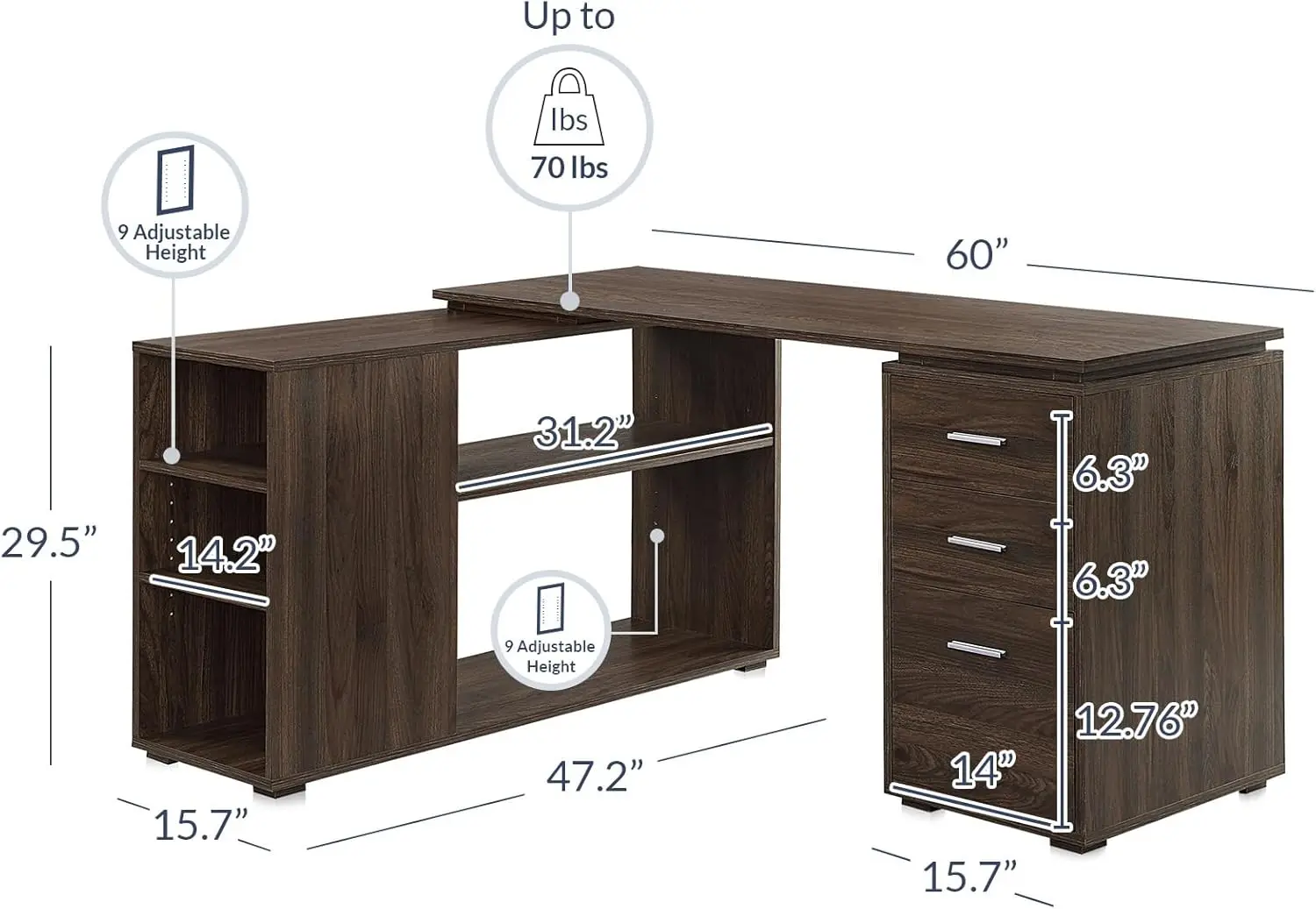 BELLEZE-L Shaped Computer Desk, Estudo Escrita Tabela, Home Office Desk, Workstation ajustável, Configuração de Canto, 60 em