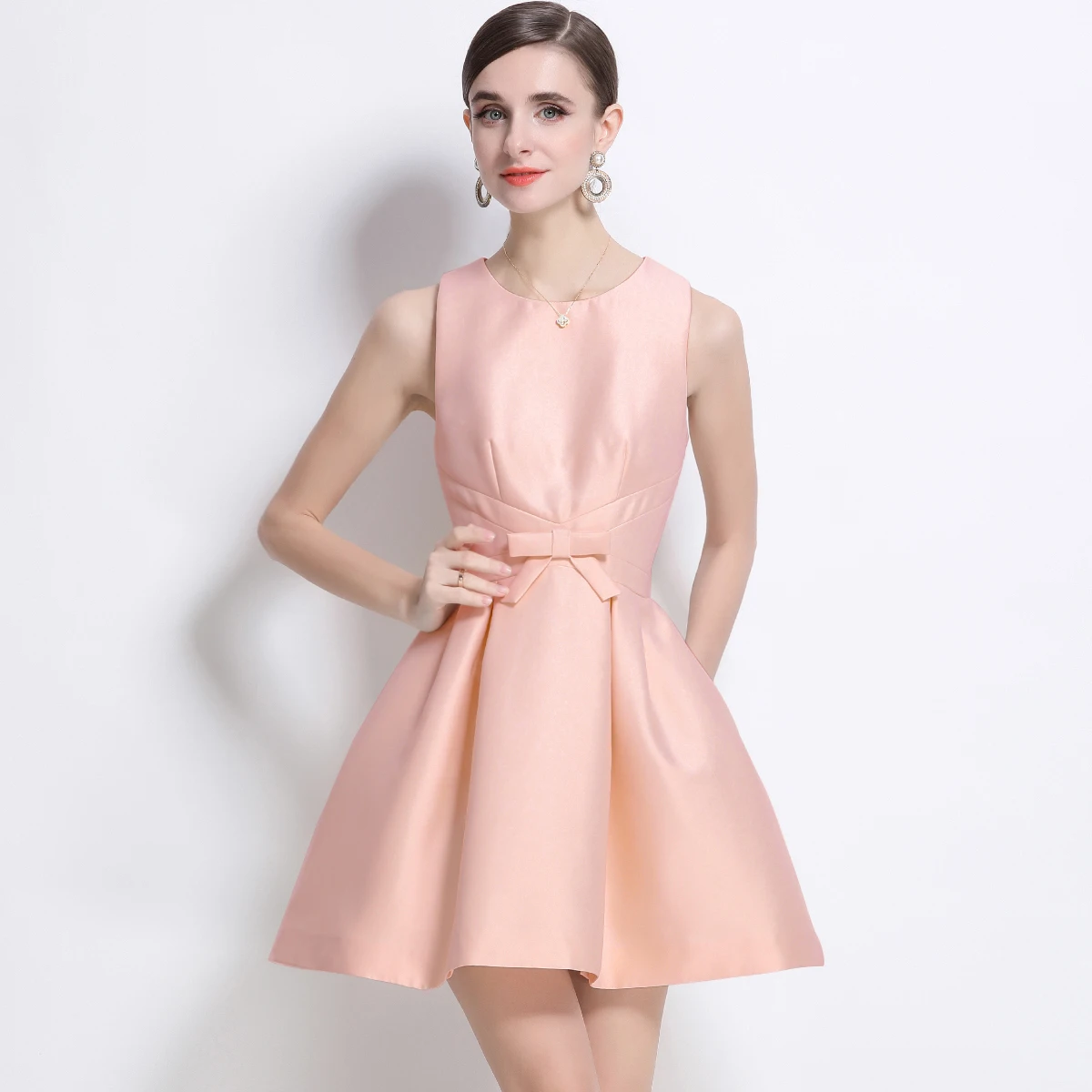 Ele ort Satin Dr with  Knot Slimming Design French Sle mid Waist A-Line Skirt Polyester Fiber ort Sve