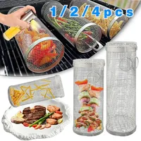 Round Stainless Steel Barbecue Grill Basket, Grill Basket, Burning Roasted Mesh, Camping Barbecue Rack, Grilling Basket, 4Pcs