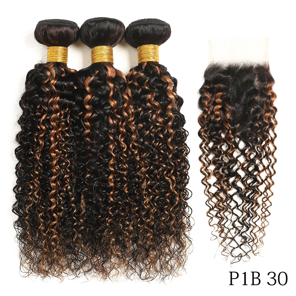 

100% Virgin Human Hair Kinky Curly With 4x4 HD Lace Clousure Ombre Highlight Afro Curly 2/3 Bundles With Free Part Lace Closure
