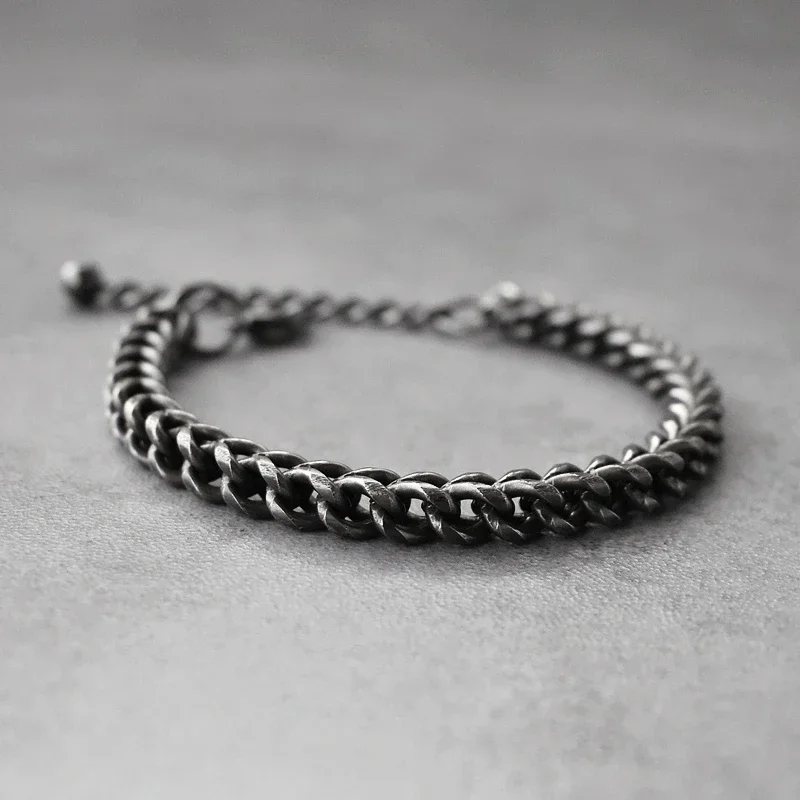 Punk Retro Oxidized Black Cuban Chain Bracelets for Men Motocycle Link Chain Stainless Steel Street Rock Motor Jewelry