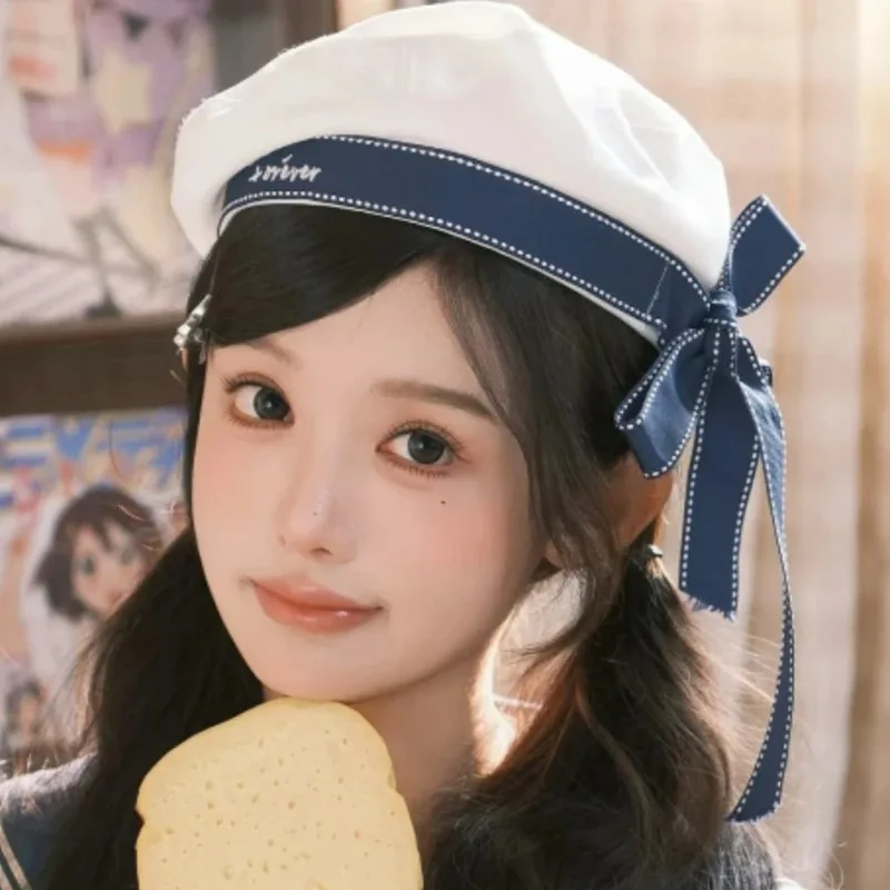 Preppy Style Beret Hat Women Cotton Adjustable Nautical Cap Soft Breathable Vintage Student Painter Cap Casual Wear School Daily