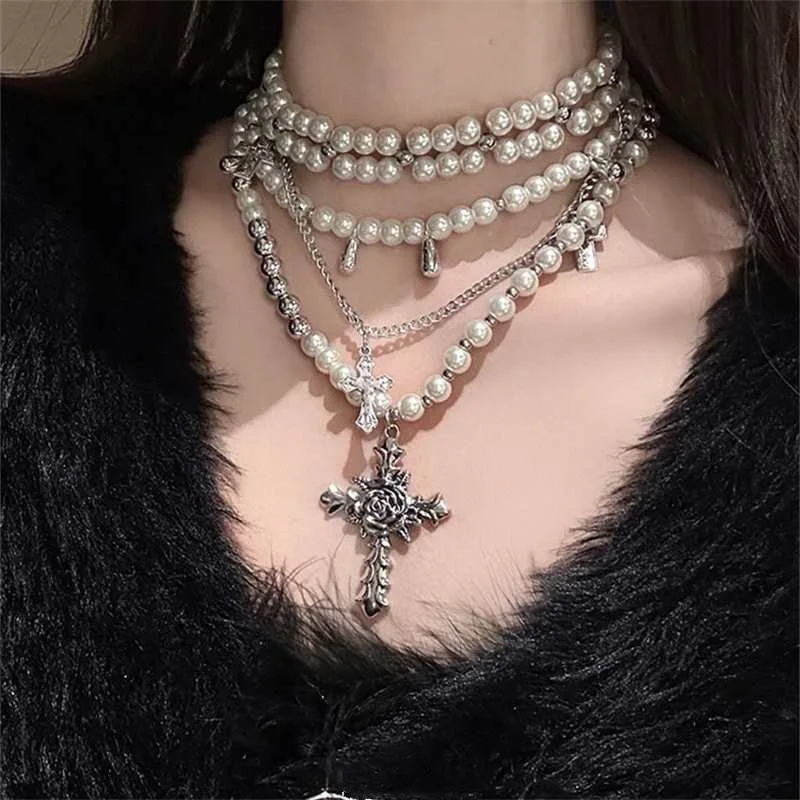 

Y2k Spice Girl Pearl Cross Korean Necklace Chocker Light Luxury Small Multi-layer Choker Design Sense Collar Chain Sweater Chain