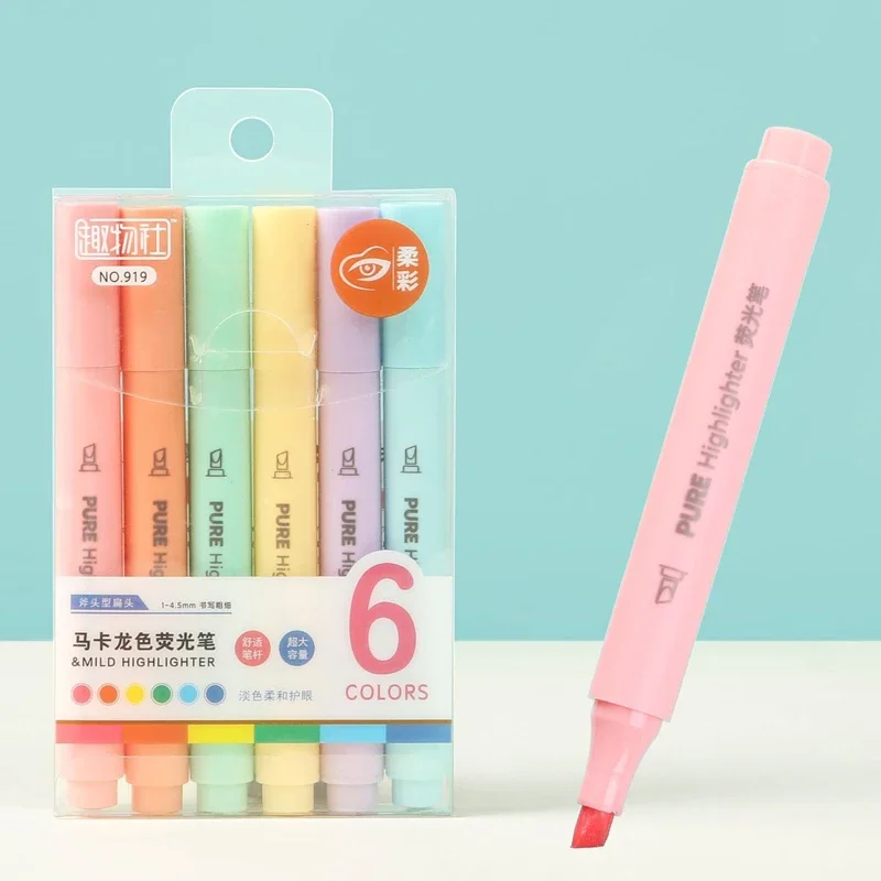 6Pcs/set Pastel Color Macaron Highlighter Pen Marker Pens Drawing Highlighters Cute Stationery School Supplies