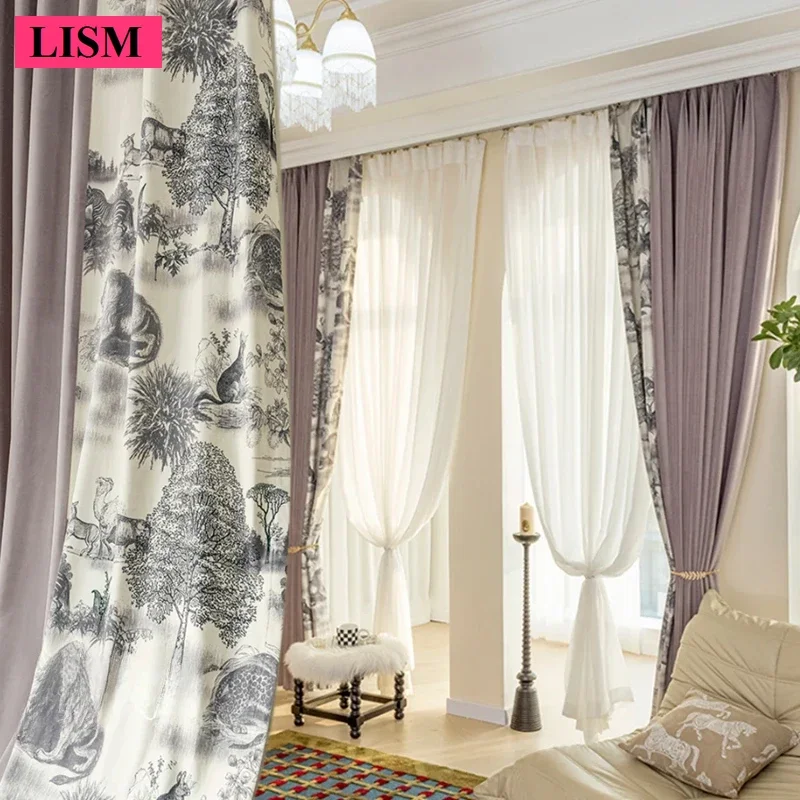French Romantic Purple Velvet Splicing Jacquard Fabric Curtain for Living Room and Bedroom Thicken Blackout Custom Luxury Fabric