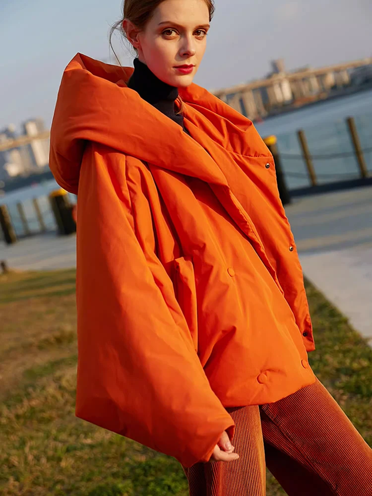 Winter New Hooded Long Sleeve Warm Coats Women's Parkas Fashion Tide Loose Fluffy Orange Red Oversized Down Jacket