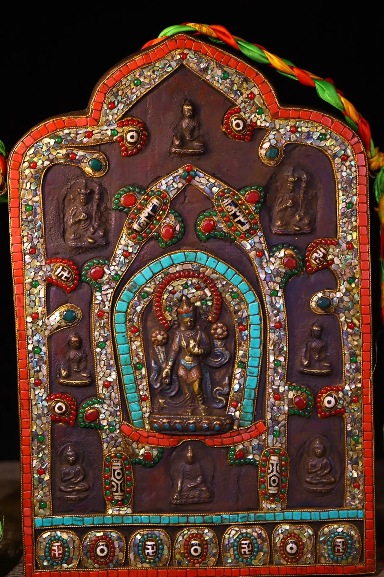 

16"Tibetan Temple Collection Old Bodhi Root Mosaic Gem gZi Beads Shell Green Tara Buddha Thangka Buddha Card Worship Hall