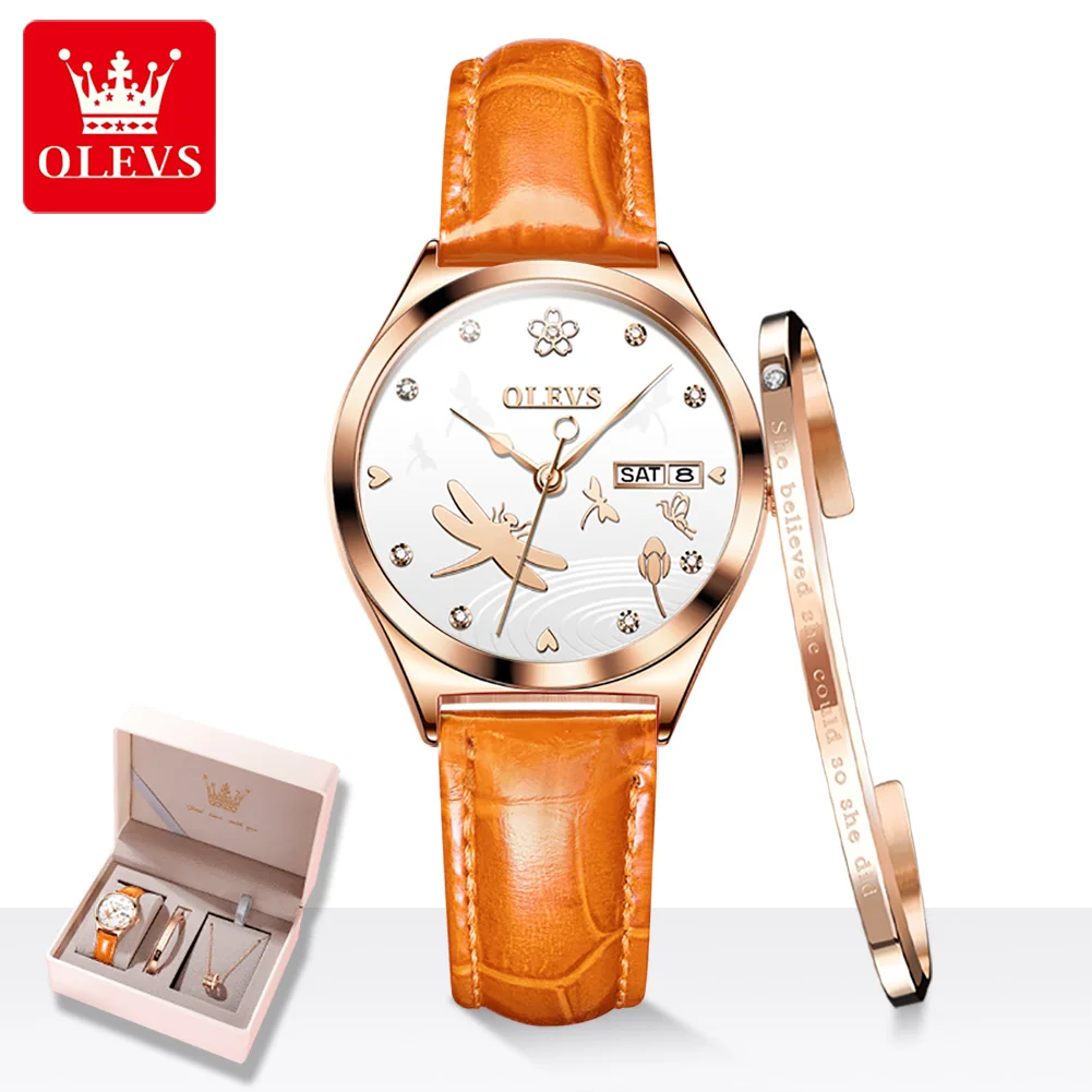 OLEVS 6611 Dual Calendar Mechanical Watch For Women Original Top Brand Leather Hand Clock Waterproof Woman Automatic Watches