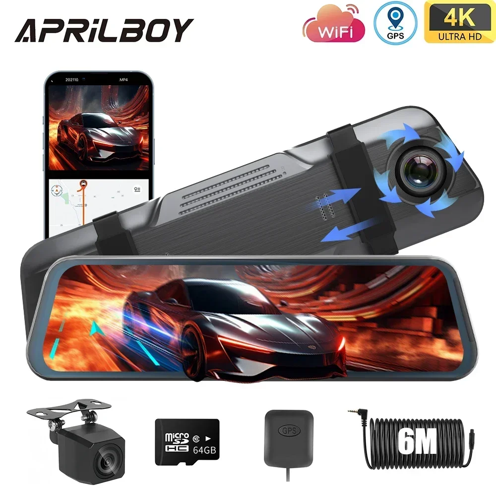 Aprilboy 4K Mirror Car DVR Recorder 10'' Touch Screen Stream Media Camera Front&Rear Dual Camer Rear View Night Vission Dash Cam