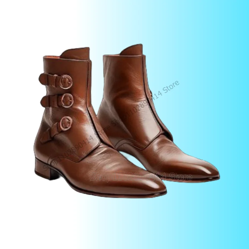 Green Buckle Decor Mid Calf Square Toe Boots Fashion Slip On Men Boots Luxurious Handmade Party Banquet Office Men Dress Shoes