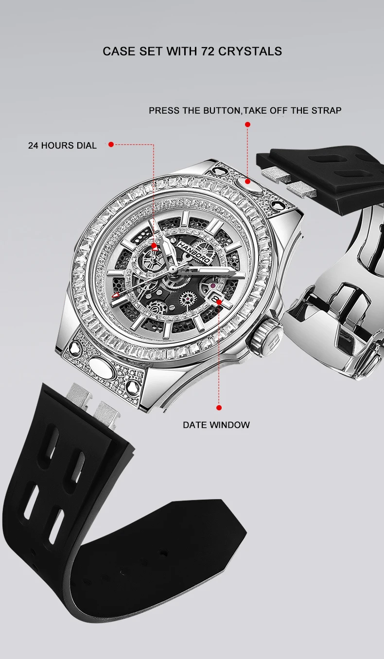 HANBORO Men Automatic Watch 42mm Luxury Mechanical Wristwatch Waterproof Luminous Skeleton Miyota 8217 Quick Release Strap