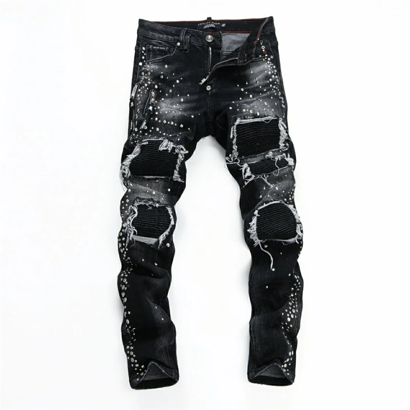 Men's Rivet Design Holes Slim Jeans Street Retro Cool Boys Casual Bottoms Male Chic High Waisted Skinny Denim Pants