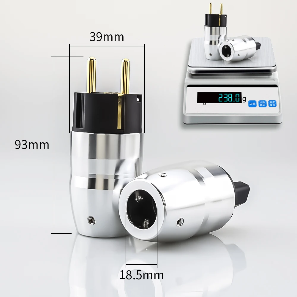High Quality Pair Hi-end Silver Aluminium Gold Plated Hifi IEC Female Connector EU Schuko Power Plug for DIY Hifi Power Cable