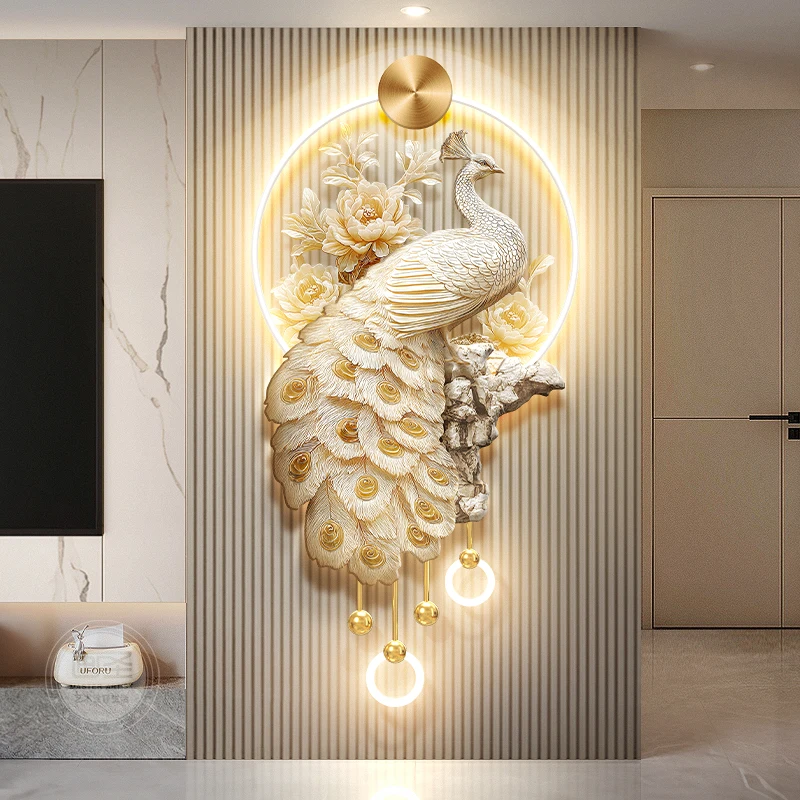 Cream style peacock entrance decoration painting, three-dimensional relief peony flower mural lamp living room decoration