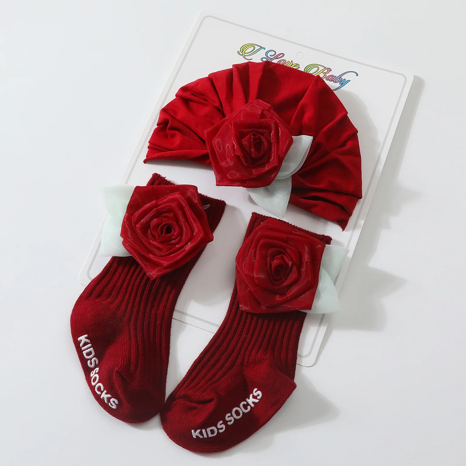 2PCS/Set Rose Baby Turban Cap Socks Korean Solid Color Newborn Boy Girl Headscarf Hats Soft Cotton Infant Flower Mid Tube Socks
