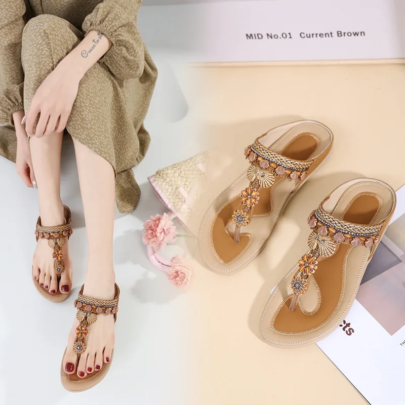

Bohemian Style Flower Shell Flip Flops Women Elegant Summer Beach Flat Slippers Non Slip Flat Shoes Ethnic Style Casual Sandals
