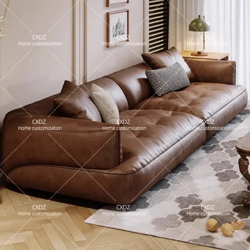 Medieval first-layer cowhide sofa retro large sitting deep straight row four-person small apartment living room oil wax