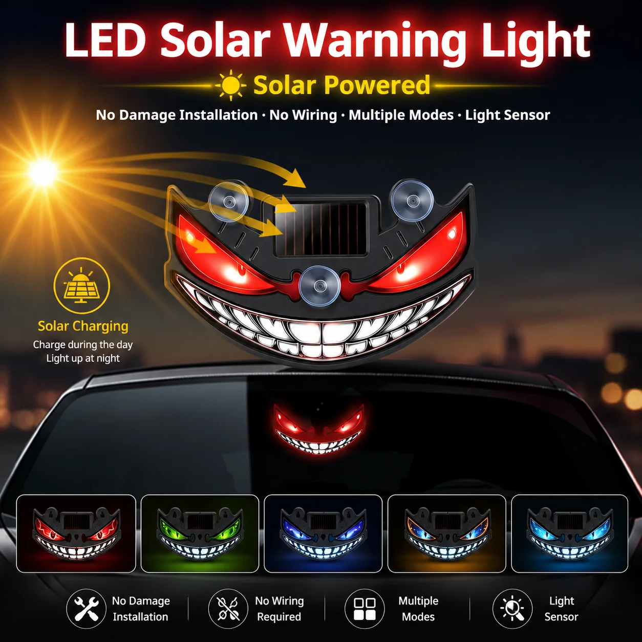 Solar Power Devil Eye Car LED Ambient Light Cool Devil Face Breathing Lamp Rear Windshield Warning Strobe Light Decoration
