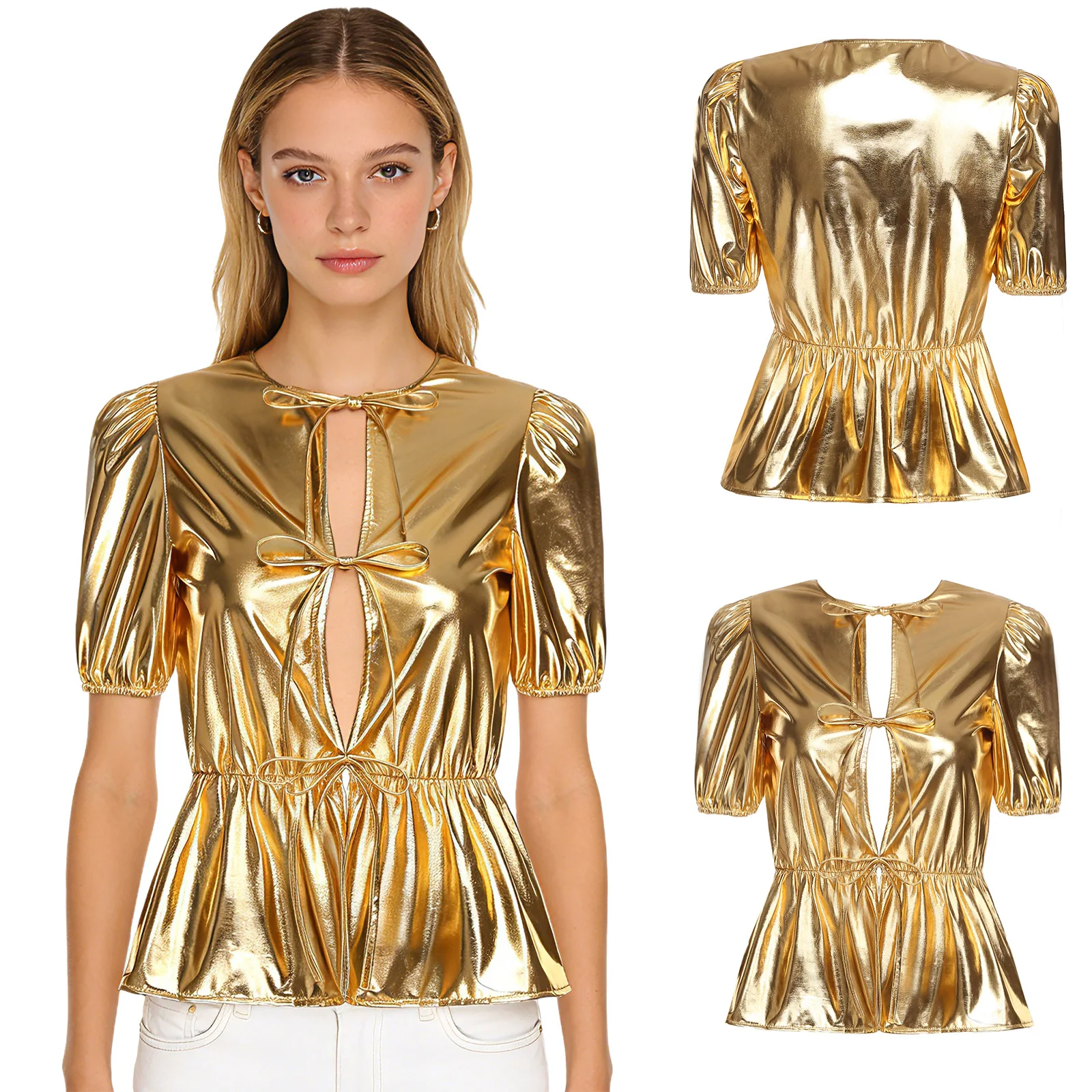 

Women Adults Metallic Short Sleeve Shirt Ruffled Peplum Shiny Blouse Top for Club Party Music Festival Daily Casual Outfits