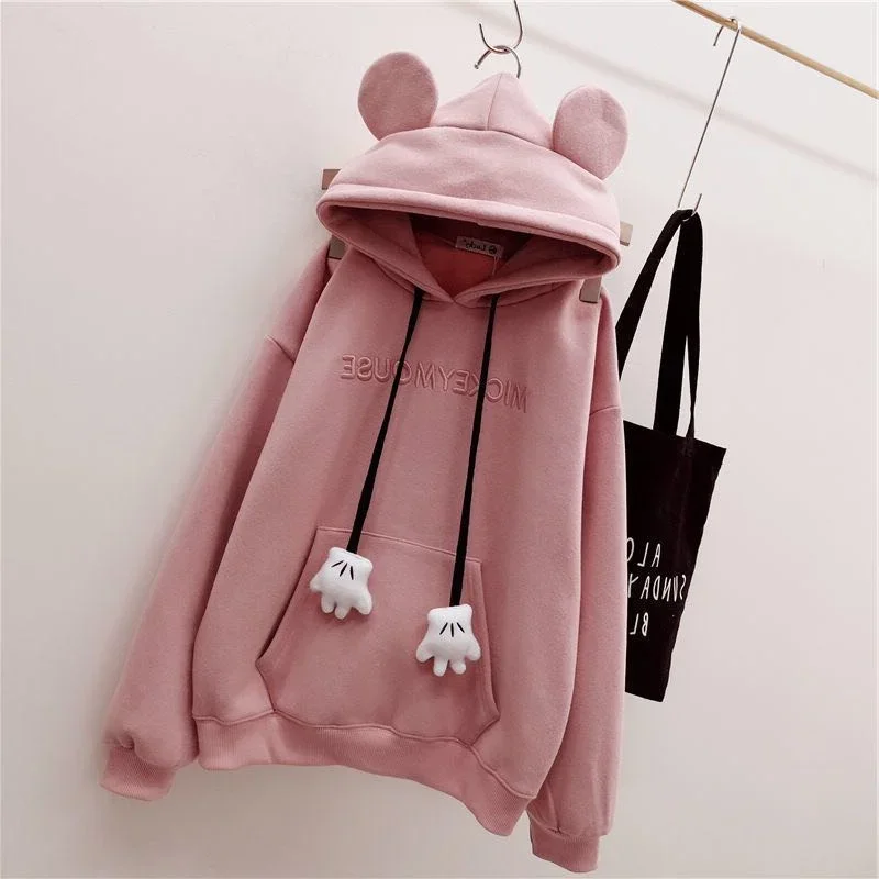 Disney Mickey Mouse Women\'s Thickening Hoodies Cute Anime Girls Winter Warm Sweater Loose Casual Pullover Sweatshirt Harajuku