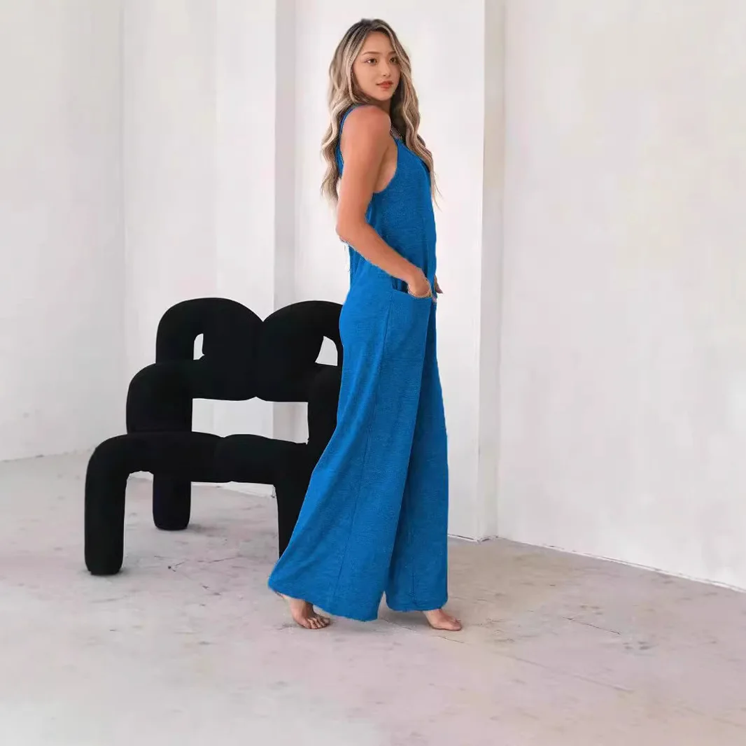 

Летний женский свободный прямой однотонный комбинезон с широкими штанинами 2024.