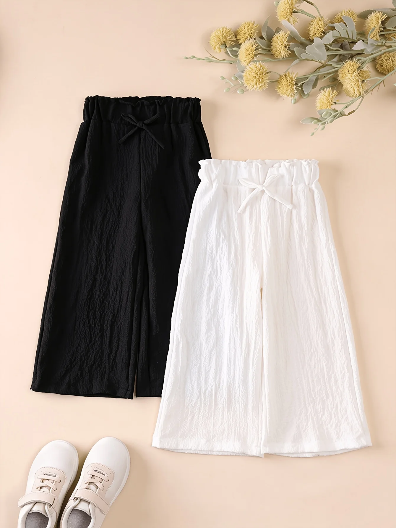 2Pack Girls Paperbag Waist Wide Leg Pants Drawstring Bow Soft Wrinkle Breathable Summer Casual School Kids Trousers For 2-11Y