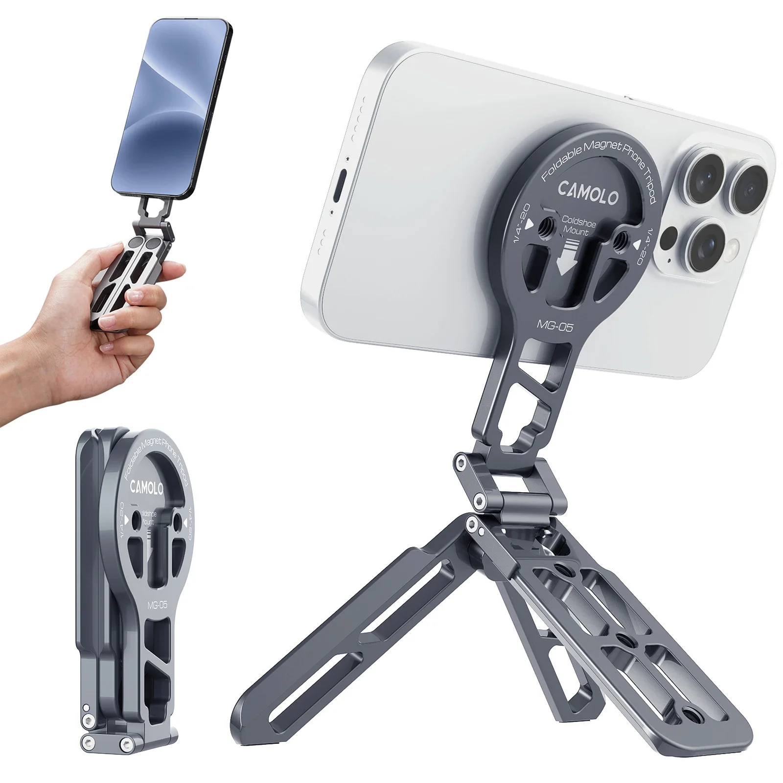 CAMOLO MG-05/ MG-05 PLUS for Magsafe Tripod Magnetic Phone Holder for iPhone HUAWEI Foldable Desktop Phone Mount w/ Arca-Swiss