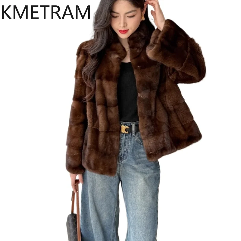سترة KMETRAM 100% من فرو المنك للسيدات بياقة واقفة معطف قصير من الفرو الحقيقي 2025 ملابس خارجية شتوية عالية الجودة ملابس نسائية