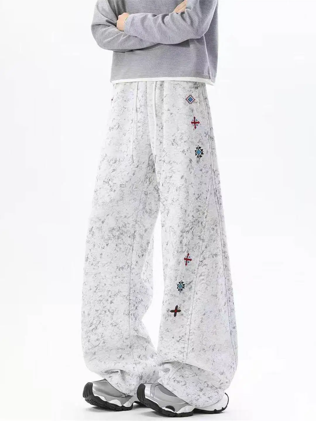 

Мужские широкие брюки с вышивкой и эффектом окрашивания в американском стиле, весенне-осенние, расклешенные, прямого кроя, повседневные, спортивные, длинные